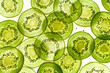 © The Picture Pantry - Backlit kiwi fruit slices on white background. Top view texture
