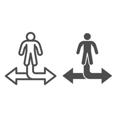 Poster - Man and arrow in two directions line and solid icon, business strategy concept, decision making sign on white background, businessman choosing way icon outline style for mobile, web. Vector graphics.
