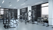 Empty modern gym interior with sports equipment, heavy gym equipment arranged inside modern fitness club.