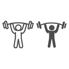 Poster - Man with barbell line and solid icon, bodybuilding concept, Weightlifter sign on white background, Man lifting weight icon in outline style for mobile concept and web design. Vector graphics.