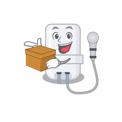 Sticker - A cheerful electric water heater cartoon design concept having a box