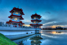 Sunset Over The Twin Pagodas At Chinese Gardens, A Free Public Park In Jurong, Singapore.
