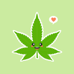 Cute and kawaii smiling happy marijuana weed green leaf face. Vector flat cartoon character illustration icon design. Isolated on color background. marihuana ganja, medical and recreation cannabis