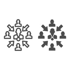 Poster - Group of people with leader and arrows line and solid icon, teamwork and relationship concept, working group with lead manager sign on white background, leader in organization icon in outline. Vector.