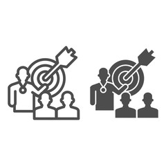 Poster - Target with arrow and lecturer line and solid icon, presentation concept, Leader presents business goal sign on white background, Speaker with achieving goal task icon in outline. Vector graphics.