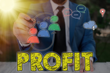 Poster - Writing note showing Profit. Business concept for money that is earned in trade or business after paying the costs