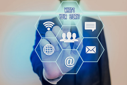 Text sign showing Whats Your Storyquestion. Business photo showcasing manner of asking an individual about past life events