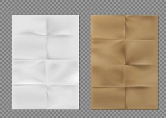 Poster - wrinkled paper texture, white and brown kraft folded sheets. blank flyers with folds, vintage letter