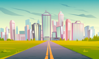 Wall Mural - Road to city with skyscrapers, office buildings and houses. Vector cartoon urban landscape with empty suburban highway, green grass and modern town on skyline. Summer cityscape