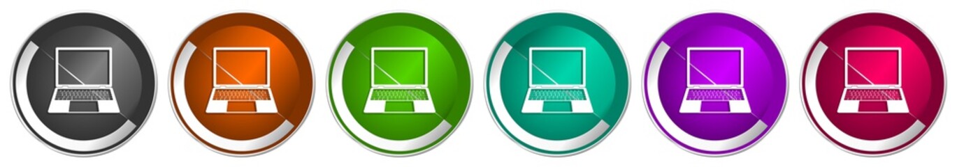 Aufkleber - Open notebook icon set, laptop, mobile computer silver metallic chrome border vector web buttons in 6 colors options for webdesign