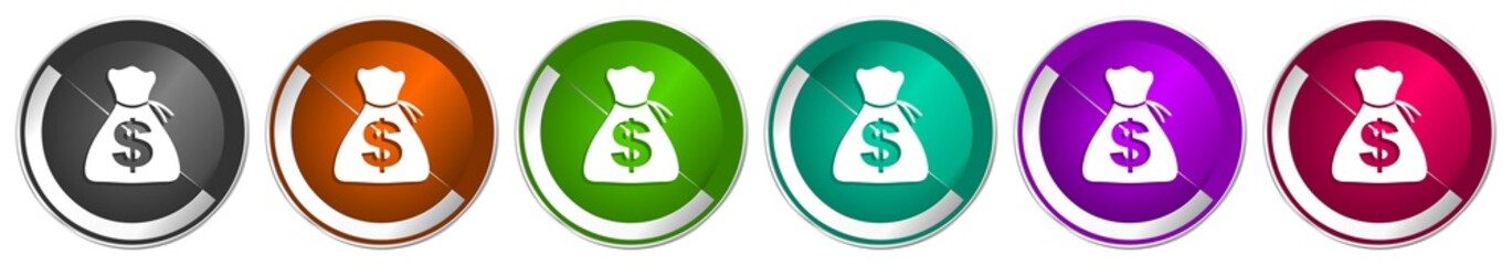 Leinwandbilder - Money icon set, silver metallic chrome border vector web buttons in 6 colors options for webdesign