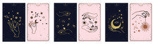 Cosmos Stars Created By The Hands Of God, Golden Tarot Card Golden And Pink With Black. Magical Occult Tarot Card Set. Engraving Vector Illustration. Cards Isolated On White Background For Poster, Sti