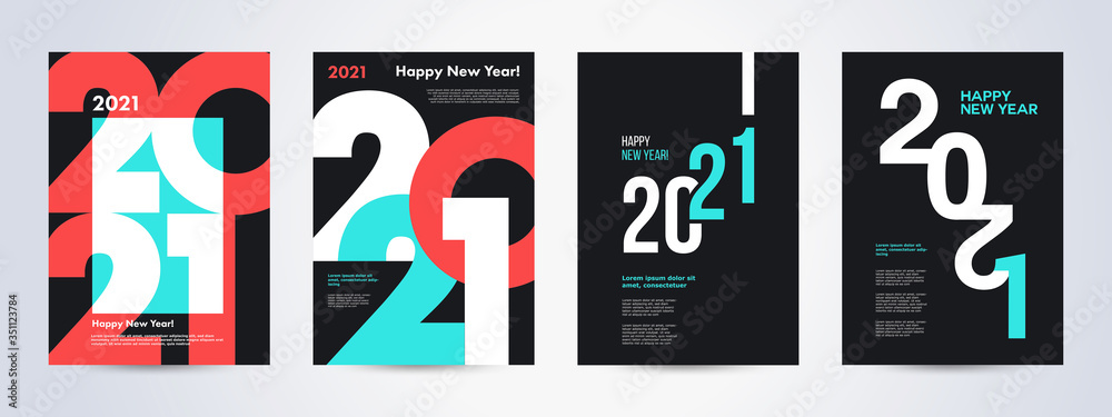 Creative concept of 2021 Happy New Year posters set. Design templates with typography logo 2021 for celebration and season decoration. Minimalistic trendy backgrounds for branding, banner, cover, card - obrazy, fototapety, plakaty 