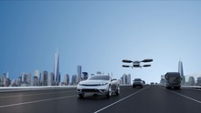 Autonomous Car On Highway Roads With Flying Drone Taxi. Various Internet Of Things Icon, 4k Animation.2.