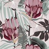 Drawing of a pink protea flower in pale green palm leaves on a light sage color background. Seamless vector floral pattern. Simple square repeating design for fabric and wallpaper