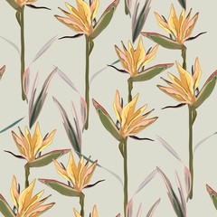 Wall Mural - Drawing of a yellow Strelitzia flower on a cream, light beige background. Seamless vector floral pattern. Simple square repeating design for fabric and wallpaper