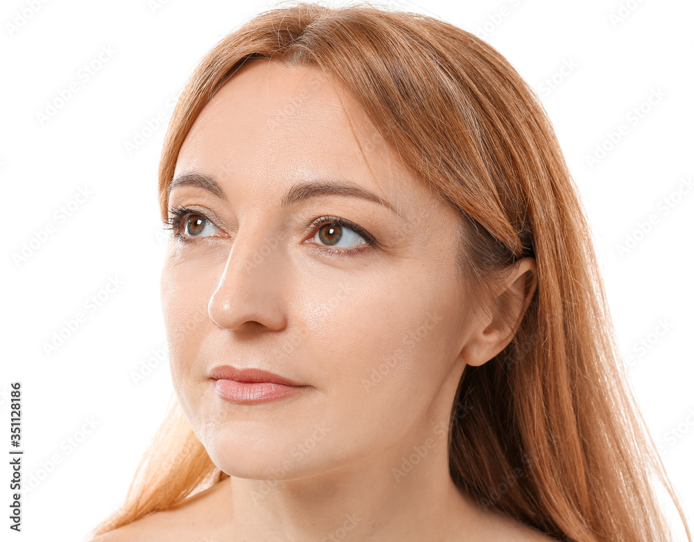 Mature woman on white background. Plastic surgery concept
