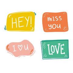 Poster - Hand drawn set of speech bubbles with dialog text. Comic doodle sketch style. Text and speech balloon element of color. Vector illustration for icon design.