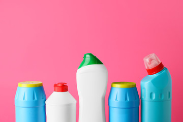 Set of cleaning supplies on color background