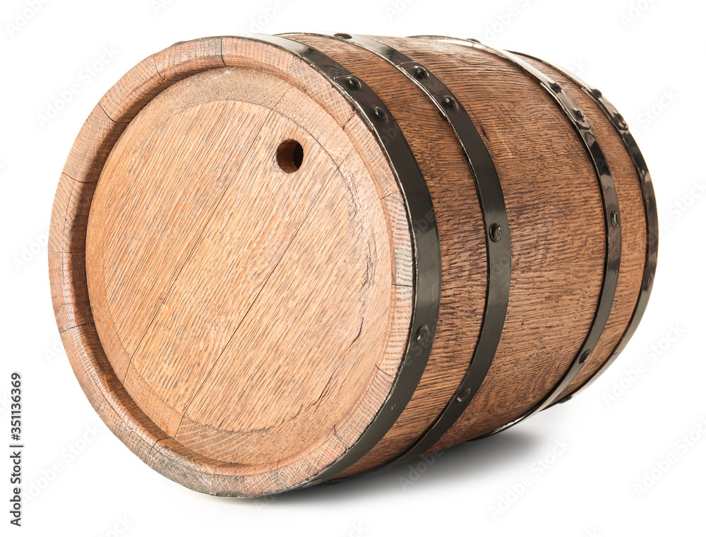 Wooden barrel of wine on white background