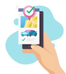 Poster - Car gps location destination on city map pin pointer on mobile phone app or automobile vehicle taxi rental and sharing application service on smartphone vector flat, distance remote control concept