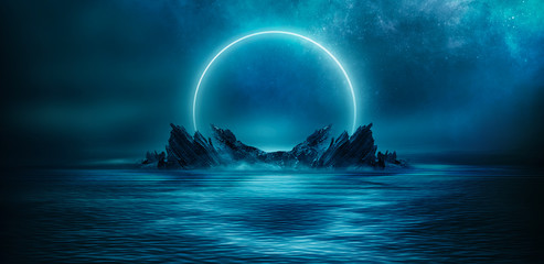 Background of night sea landscape. Night sky, clouds, full moon. Reflection of the moon on the water. Sunset on the sea horizon. Blue tinted. Night futuristic and mystical landscape.