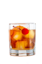 Old Fashion Cocktail In A Glass Of Rox On A White Background
