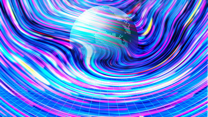 Poster - fantasy planet and holographic metal foil rainbow wave, flowing liquid fractal abstract texture, ret