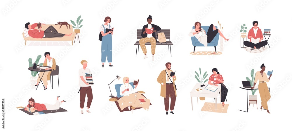 Set of people literature fans with books vector flat illustration. Collection of reading man and woman, students preparing to exam isolated on white background. Person book lovers and readers - obrazy, fototapety, plakaty 