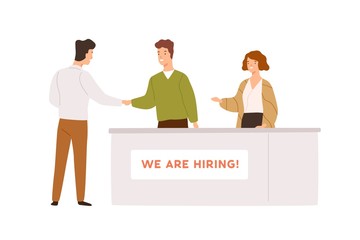 Aufkleber - Friendly man and woman head hunter shaking hands with candidate during hiring process vector flat illustration. Professional recruiter and male after interview isolated on white background