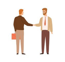 Poster - Two businessman shaking hands making deal vector flat illustration. Male boss greeting hiring new employee isolated on white background. Meeting of friendly colleagues