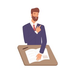 Friendly male in suit sitting at table during job interview vector flat illustration. Smiling bearded man writing test isolated on white background. Happy guy HR manager looking cv applicant