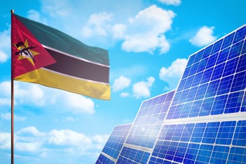 Mozambique alternative energy, solar energy concept with flag industrial illustration - symbol of fight with global warming, 3D illustration