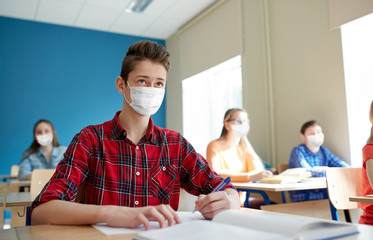 education, healthcare and pandemic concept - group of students wearing face protective medical mask 
