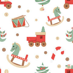 Sticker - Christmas Seamless pattern - Cute Christmas Characters and Objects - Wooden Christmas Toys and Tree. Xmas background. Vector Print for Wallpaper, Packing. Don't contain clipping mask and gradient.