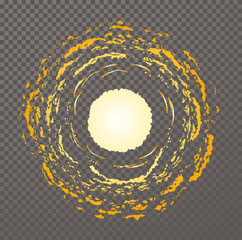 Poster - Yellow sun disk emitting orange light. Hot sun cartoon summertime Illustration. Isolated vector nature object on transparent background,