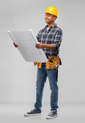 Poster - profession, construction and building - happy smiling indian builder in helmet with blueprint over grey background