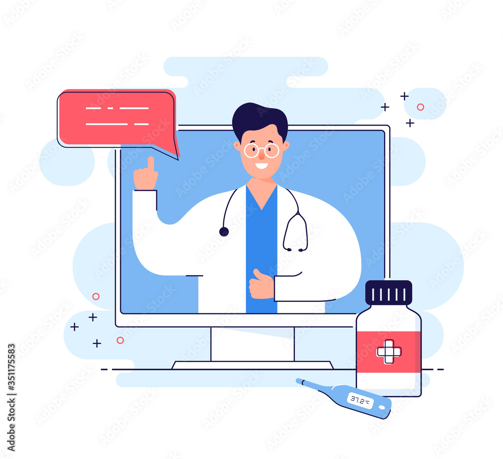 Online consultation with doctor. Medical support remotely. Vector concept. - obrazy, fototapety, plakaty 