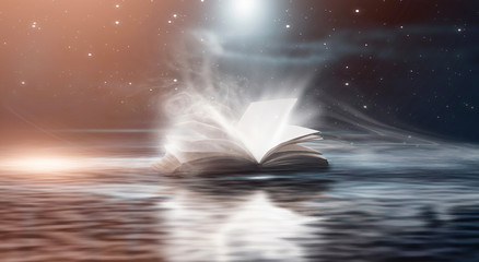 Wall Mural - Open book on the water. Reflection of a book in the water. Sunlight. Open air scene with a book.