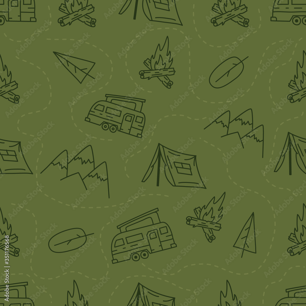 Vintage Hand drawn camping seamless pattern with retro camper, tent and ...