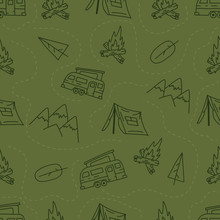 Vintage Hand Drawn Camping Seamless Pattern With Retro Camper, Tent And Mountains Elements. Adventure Silhouette Line Art Graphics. Stock Vector Hiking Linear Background
