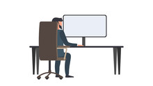 A Man Works On A Computer. A Man Sits At A Desk Looking From The Back. Isolated. Vector.