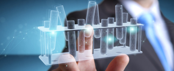 Poster - Man holding and touching holographic tubes samples projection 3D rendering