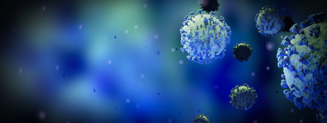 Poster - Microscopic close-up of the covid-19 disease. Coronavirus illness spreading in body cell. 2019-nCoV analysis on microscope level 3D rendering