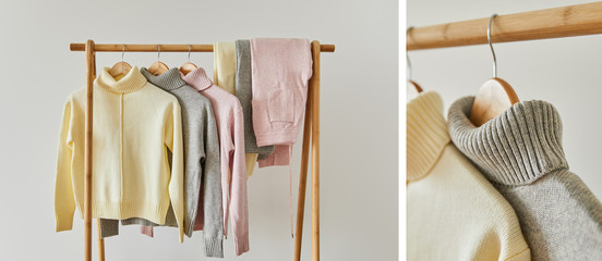 Wall Mural - collage of grey, pink and beige knitted soft sweater and pants hanging on wooden hanger isolated on white