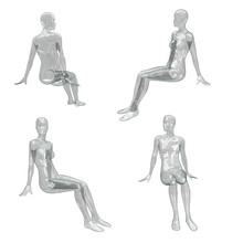 Female Transparent Plastic Or Glass Figure In A Sitting Pose. The Figure Of An Invisible Person. Front, Back, Side View. Set Of 3d Illustrations Isolated On White Background.