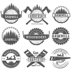 set of monochrome vector logos emblems end labels for carpentry, woodworkers, lumberjack, sawmill se