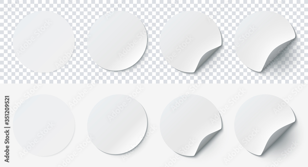 Mockup realistic paper round stickers white colors with curved corner and shadow. White round sticker on a transparent background. Vector illustration EPS10 - obrazy, fototapety, plakaty 