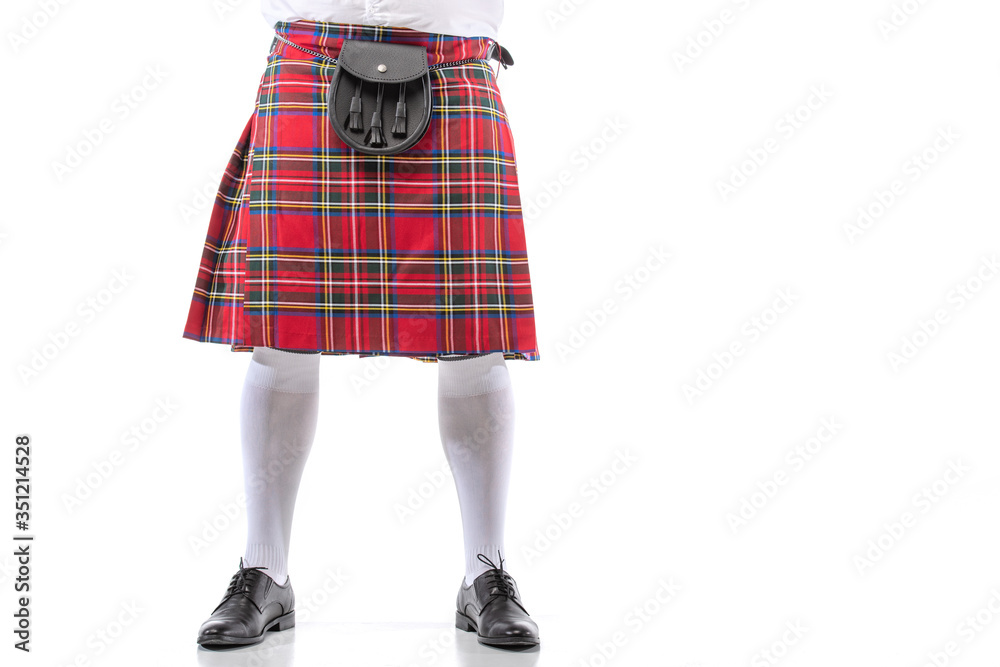 cropped view of Scottish man in red kilt with leather belt bag on white background - obrazy, fototapety, plakaty 