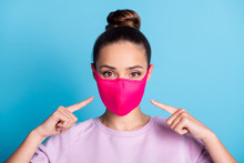 Photo Of Attractive Lady Keep Social Distance Ignoring People Contacting Use Respirator Direct Fingers Safe Face Wear Protect Facial Mask Stylish Sweater Isolated Blue Color Background